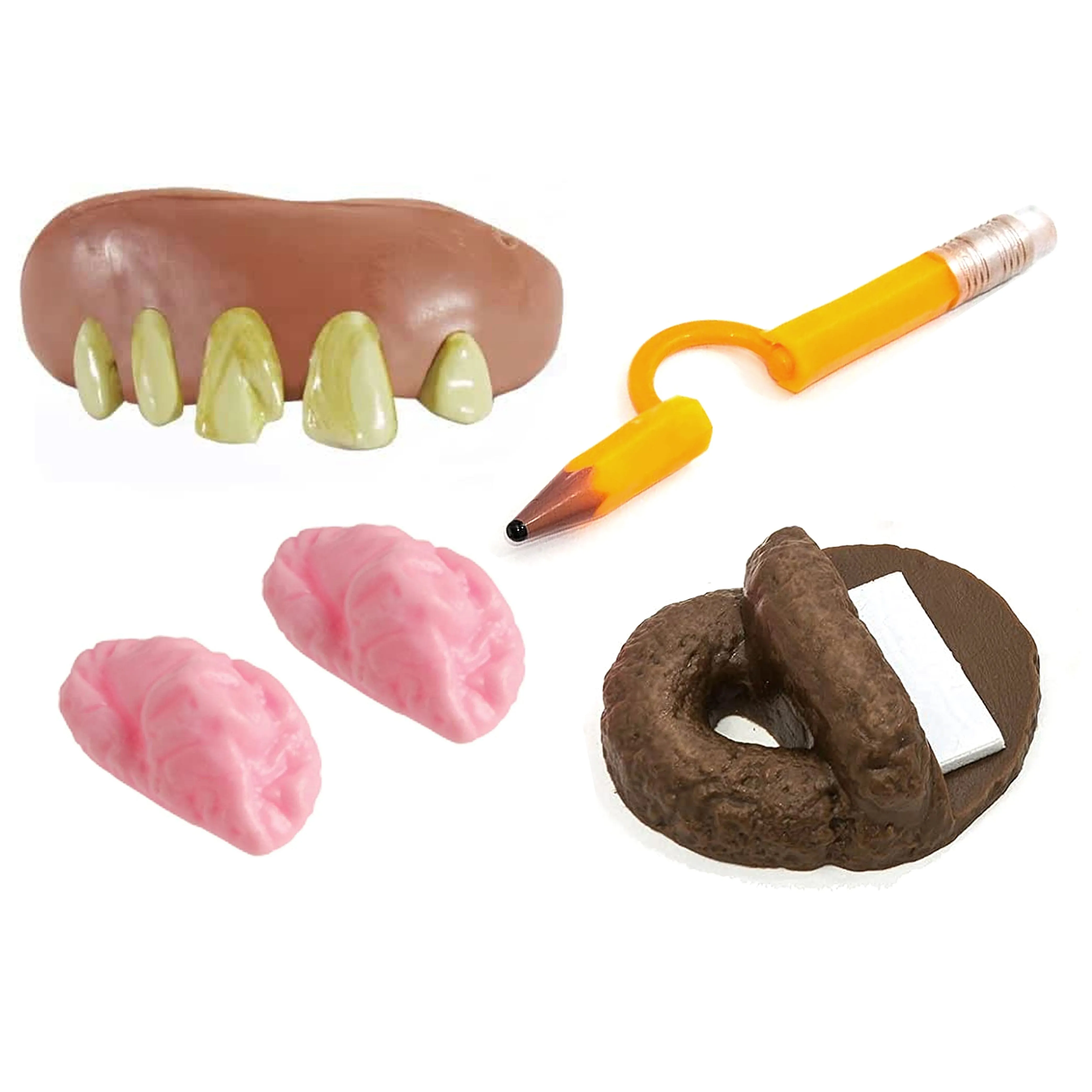 4 Pc Practical Joke Toy Gag Gift Trick Pencil Gum Funny Teeth Poop Prank Kit Fun