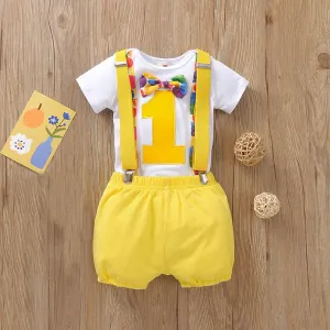Babymoon 1st Birthday Cake Smash Outfit |Romper & Suspender Costume | 1 Yr - Yellow
