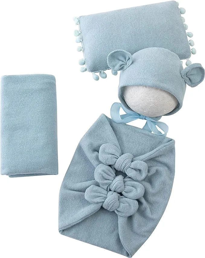 Babymoon (Set Of 4) Butterfly Ready Wrap, Jersey wrap, Pillow & Cap Baby Photography Props-Light Blue