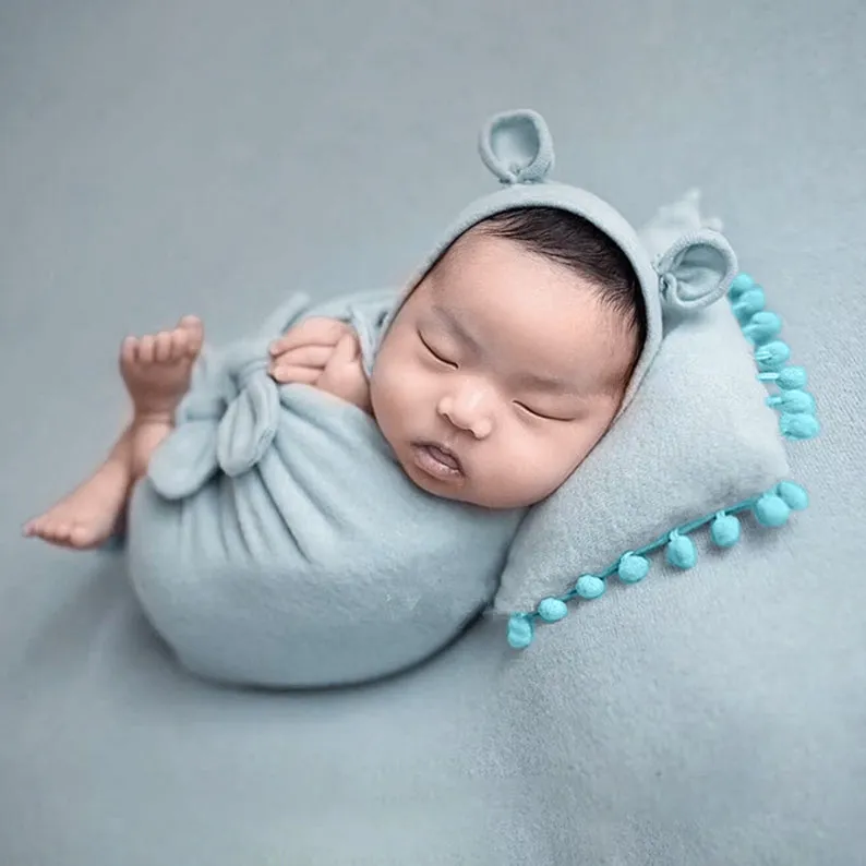 Babymoon (Set Of 4) Butterfly Ready Wrap, Jersey wrap, Pillow & Cap Baby Photography Props-Light Blue
