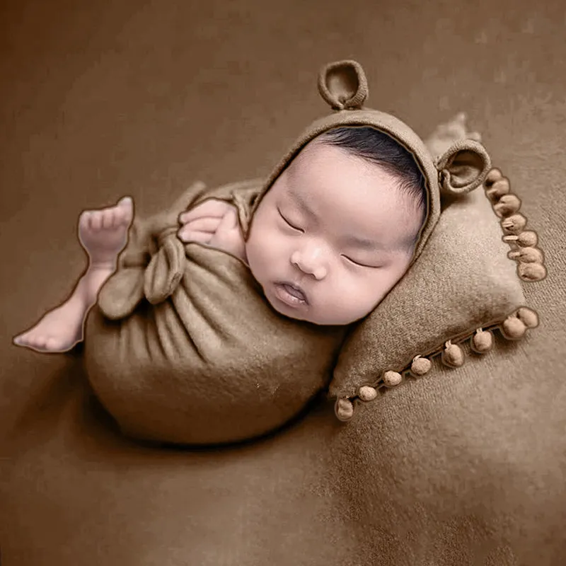 Babymoon (Set Of 4) Butterfly Ready Wrap, Jersey wrap, Pillow & Cap Baby Photography Props-Light Brown