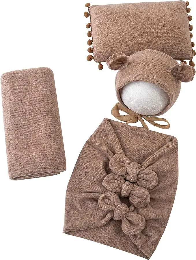 Babymoon (Set Of 4) Butterfly Ready Wrap, Jersey wrap, Pillow & Cap Baby Photography Props-Light Brown